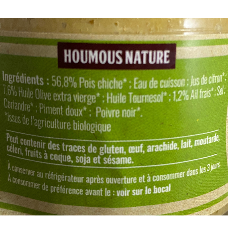 Houmous Nature Bio Du Panier à l'Assiette